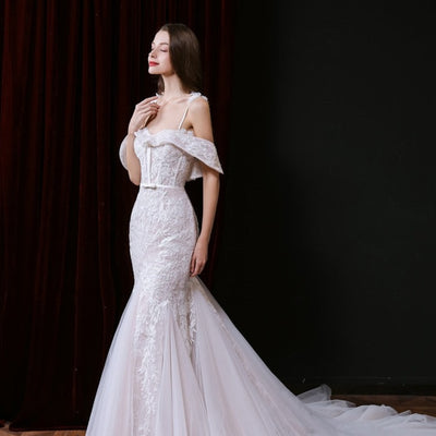 Elegant Lace Backless Court Train Beaded Mermaid Wedding Dress Sexy Wedding Dresses BlissGown 