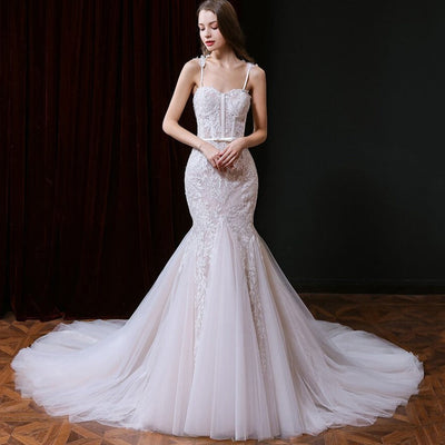 Elegant Lace Backless Court Train Beaded Mermaid Wedding Dress