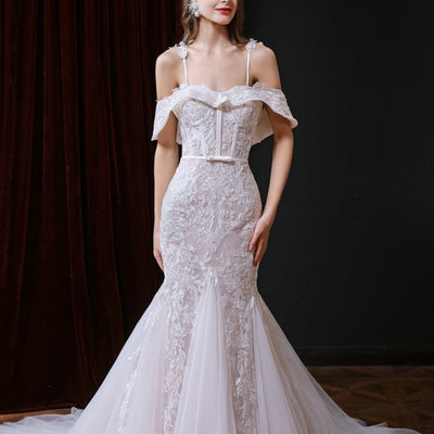 Elegant Lace Backless Court Train Beaded Mermaid Wedding Dress Sexy Wedding Dresses BlissGown 