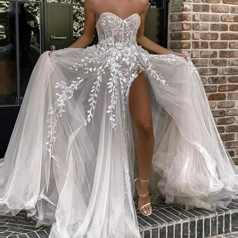Elegant Lace Backless Strapless High Split Beach Wedding Dress Beach Wedding Dresses BlissGown 