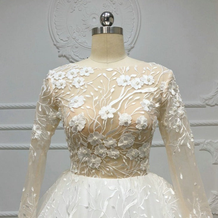 Elegant Lace Long Sleeves 3D Flowers Backless Wedding Dress Vintage Wedding Dresses BlissGown 