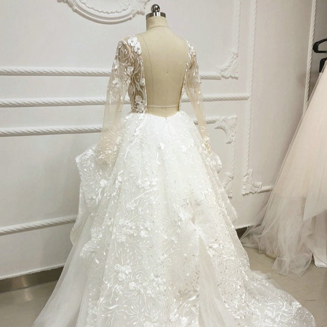 Elegant Lace Long Sleeves 3D Flowers Backless Wedding Dress Vintage Wedding Dresses BlissGown 