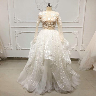 Elegant Lace Long Sleeves 3D Flowers Backless Wedding Dress