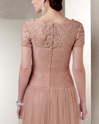 Elegant Lace Short Sleeves Zipper Back Long Tulle A Line Party Gowns Mother of the Bride Dresses BlissGown 