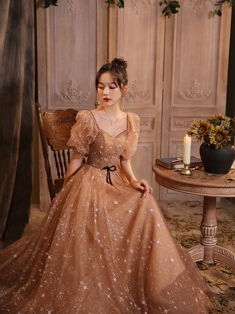 Elegant Lantern Sleeves Bow Lace Up Long French Style Ball Gown Evening Dress Evening & Formal Dresses BlissGown 
