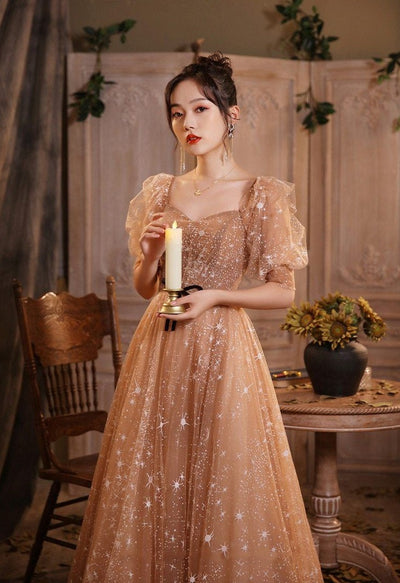 Elegant Lantern Sleeves Bow Lace Up Long French Style Ball Gown Evening Dress Evening & Formal Dresses BlissGown 