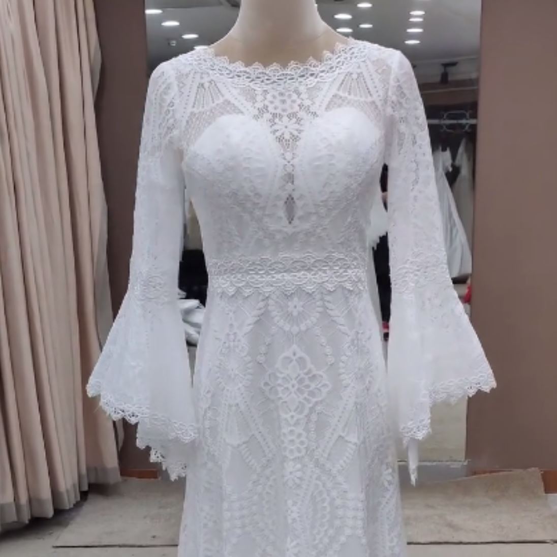 Elegant Long Bell Sleeve Lace Sheath Wedding Dress – BlissGown