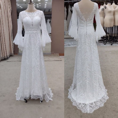 Elegant Long Bell Sleeve Lace Sheath Wedding Dress Boho Wedding Dresses BlissGown 