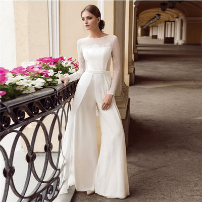 Elegant Long Sleeve Lace Jumpsuit Wedding Dress Vintage Wedding Dresses BlissGown 
