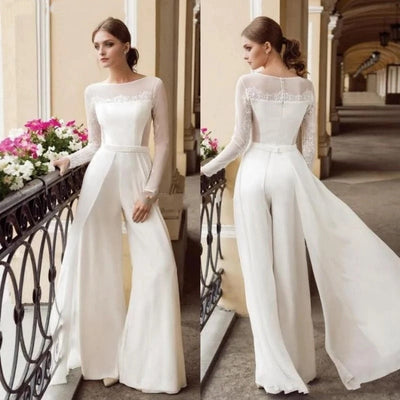 Elegant Long Sleeve Lace Jumpsuit Wedding Dress Vintage Wedding Dresses BlissGown White 2 