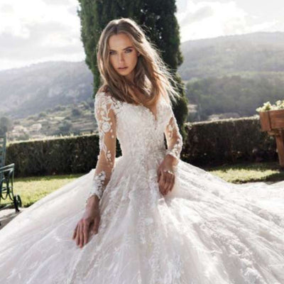 Elegant Long Sleeve Traugel Scoop Wedding Dress Luxury Wedding Dresses BlissGown 