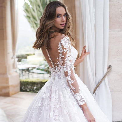 Elegant Long Sleeve Traugel Scoop Wedding Dress Luxury Wedding Dresses BlissGown 