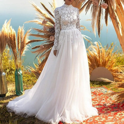 Elegant Long Sleeves Lace Applique High Neck Vintage Train Wedding Dress Boho Wedding Dresses BlissGown 