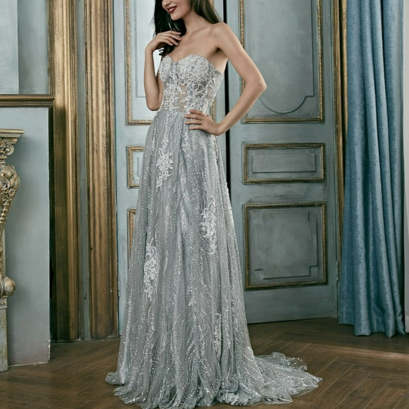 Elegant Long Sweetheart Glitter Silver Grey Evening Dress Evening & Formal Dresses BlissGown 