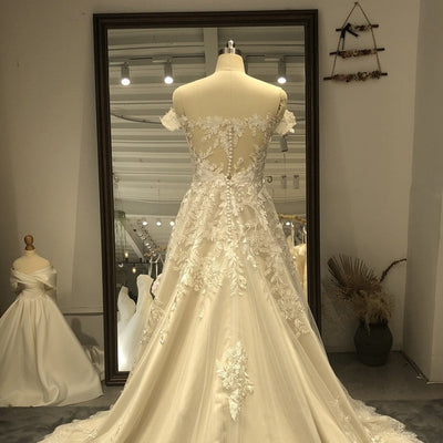 Elegant Off-Shoulder Lace Beach Boho Wedding Dress Boho Wedding Dresses BlissGown 