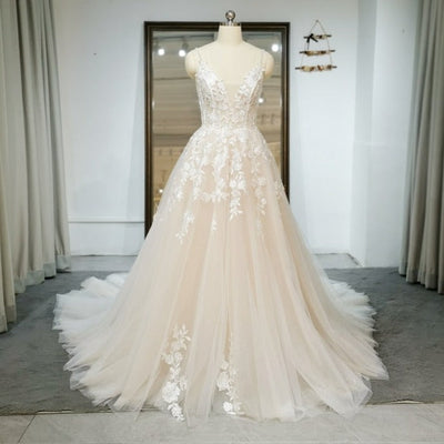 Elegant Open Back Lace Handmade V Neck Vintage Wedding Dress