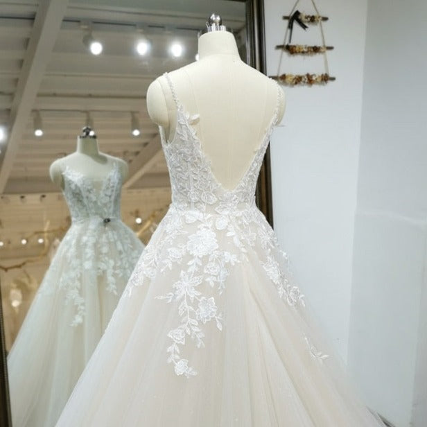 Elegant Open Back Lace Handmade V Neck Vintage Wedding Dress Vintage Wedding Dresses BlissGown 