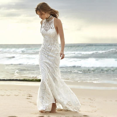 Elegant Open Back Sheath Bohemian Beach Wedding Dress Classic Wedding Dresses BlissGown 
