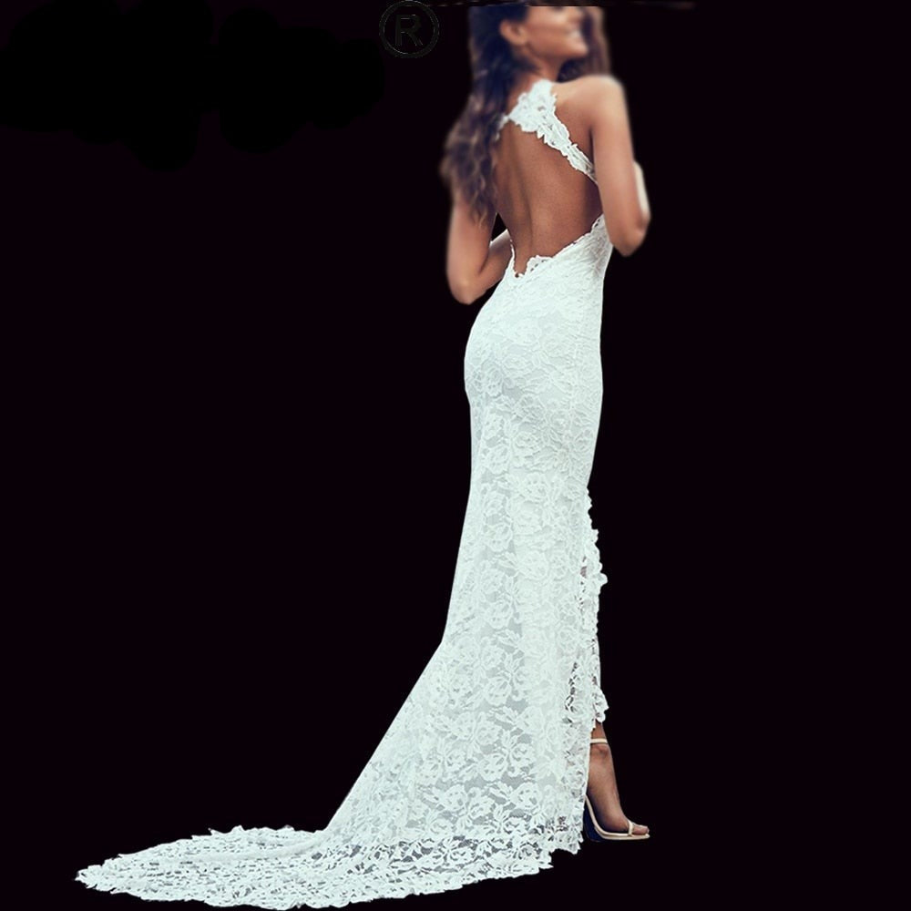 Elegant Open back Soft Stretch Lace Flattering Front Slit Boho Wedding Dress Boho Wedding Dresses BlissGown 