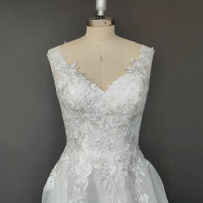 Elegant Open Back V Neck Lace Applique Beach Wedding Dress Vintage Wedding Dresses BlissGown 