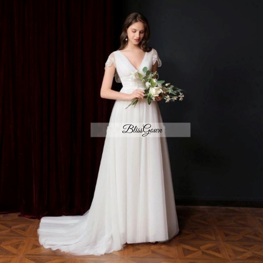 Elegant Short Sleeve Backless Wedding Dress Beach Wedding Dresses BlissGown 