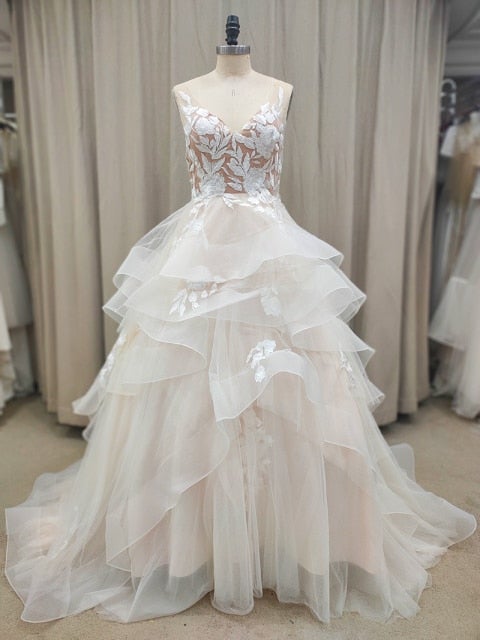 Elegant Tiered V-Neck Applique Lace Backless Bridal Dress Classic Wedding Dresses BlissGown Champagne 4 