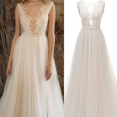 Elegant Vintage Sleeveless Sweep Train O Neck Bridal Gown Vintage Wedding Dresses BlissGown 