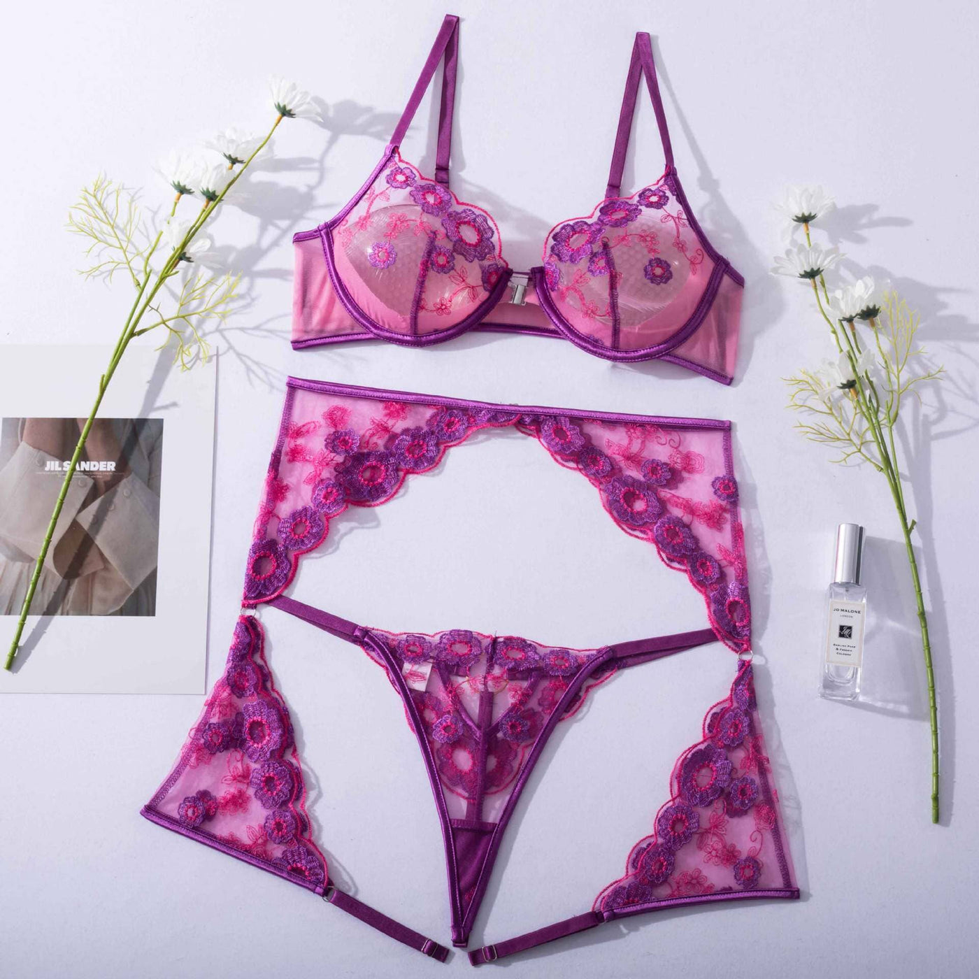 Embroidery 3-Pieces Bra And Panty Sexy Garters Lingerie Set Accessories BlissGown 