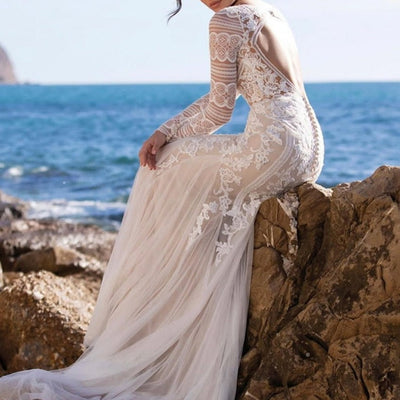 Embroidery Lace Long Sleeves Hollow Back Sheath Tulle Boho Bridal Gown Boho Wedding Dresses BlissGown 