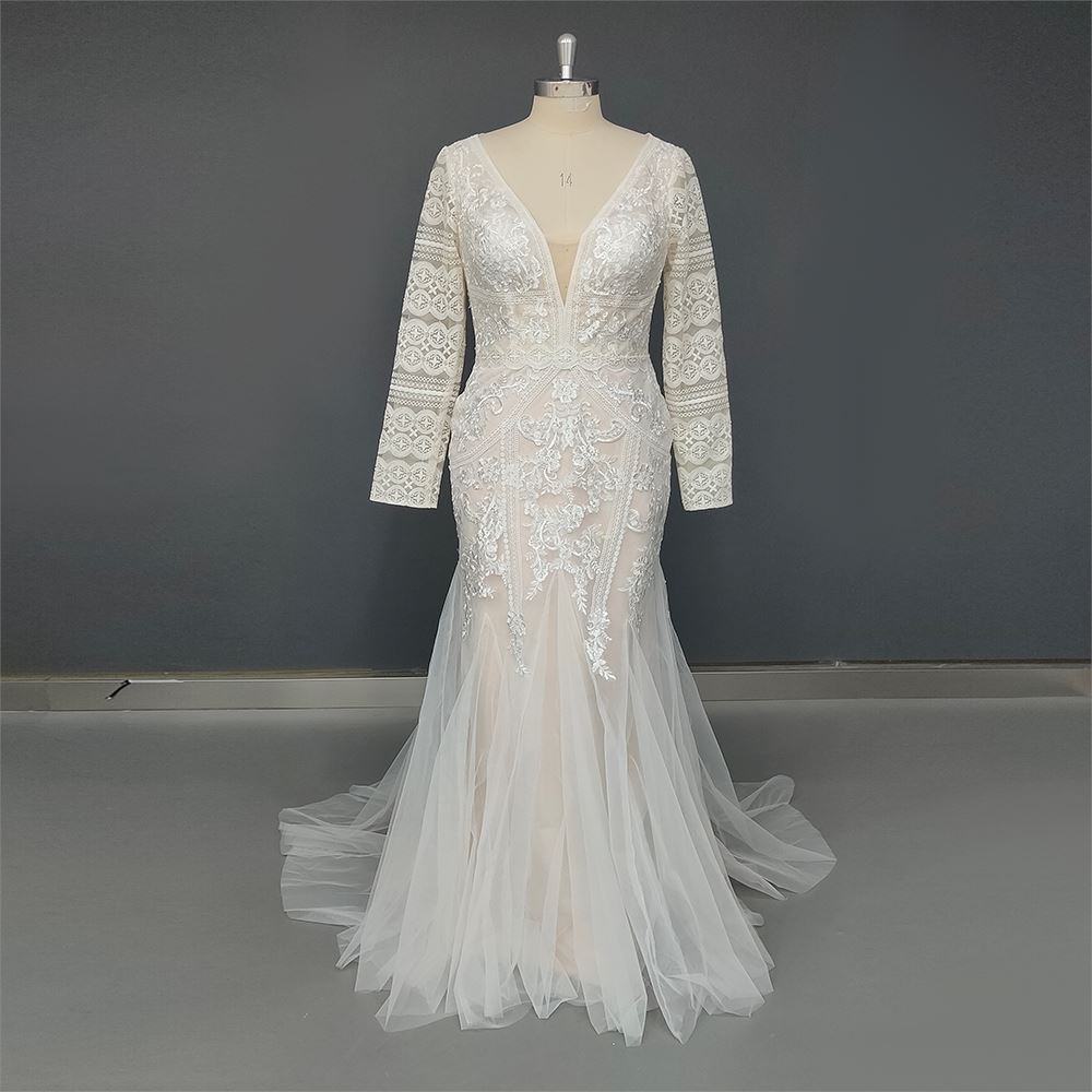 Embroidery Lace Long Sleeves Hollow Back Sheath Tulle Boho Bridal Gown Boho Wedding Dresses BlissGown Long Sleeve Nude 2 