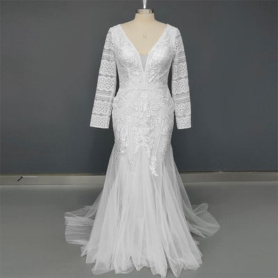 Embroidery Lace Long Sleeves Hollow Back Sheath Tulle Boho Bridal Gown Boho Wedding Dresses BlissGown Long Sleeve White 2 