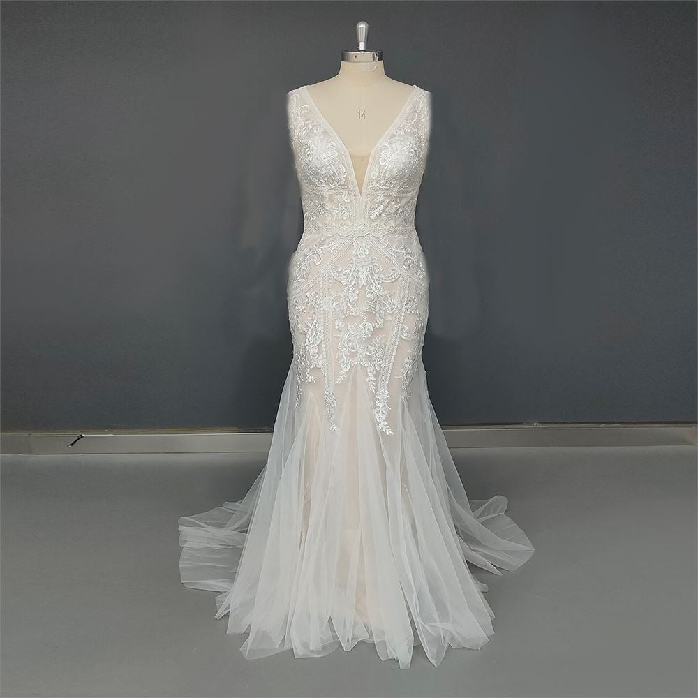 Embroidery Lace Long Sleeves Hollow Back Sheath Tulle Boho Bridal Gown Boho Wedding Dresses BlissGown Sleeveless Nude 2 
