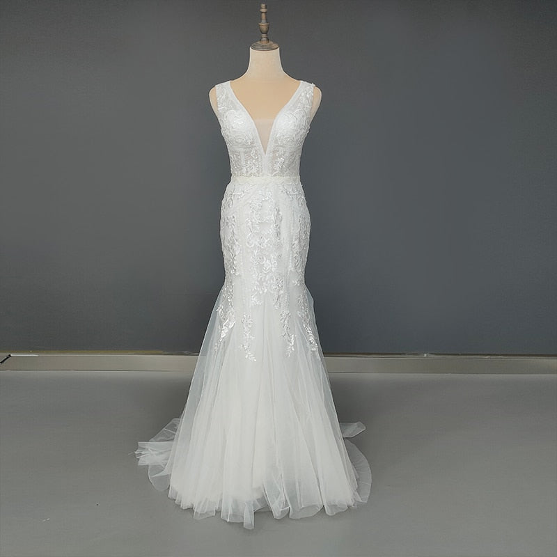 Embroidery Lace Long Sleeves Hollow Back Sheath Tulle Boho Bridal Gown Boho Wedding Dresses BlissGown Sleeveless White 2 