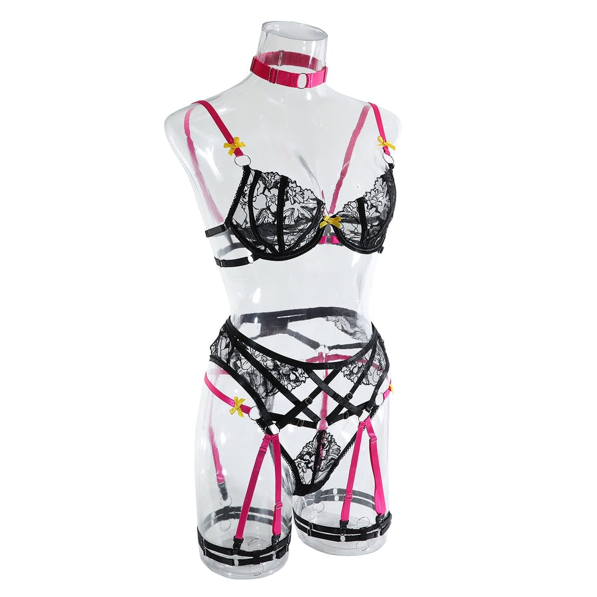 Embroidery Transparent Bra And Panty Set 4-Pieces Lingerie Set Accessories BlissGown 