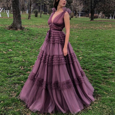 Empire Waist Tulle Deep V Neck Sleeveless Pleated Evening Dress V-Neck Prom Dresses BlissGown 