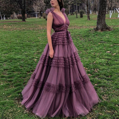 Empire Waist Tulle Deep V Neck Sleeveless Pleated Evening Dress V-Neck Prom Dresses BlissGown 