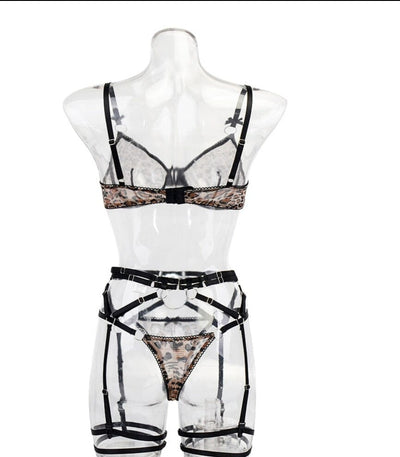 Erotic Leopard Transparent Bra Suits 5-Pieces Lingerie Accessories BlissGown 