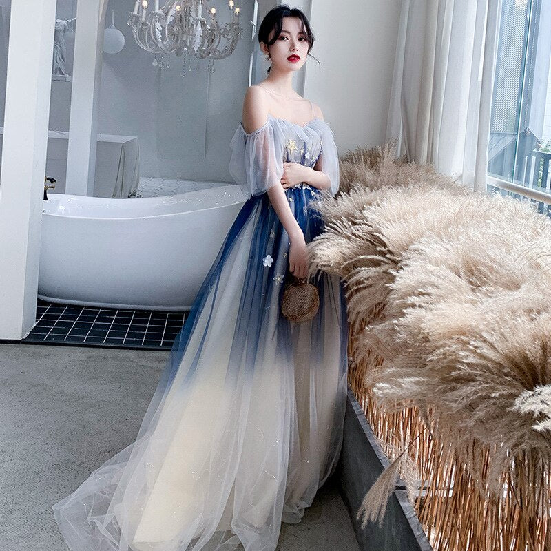 Exquisite Appliques Elegant Mesh Evening Dress Evening & Formal Dresses BlissGown Blue S 