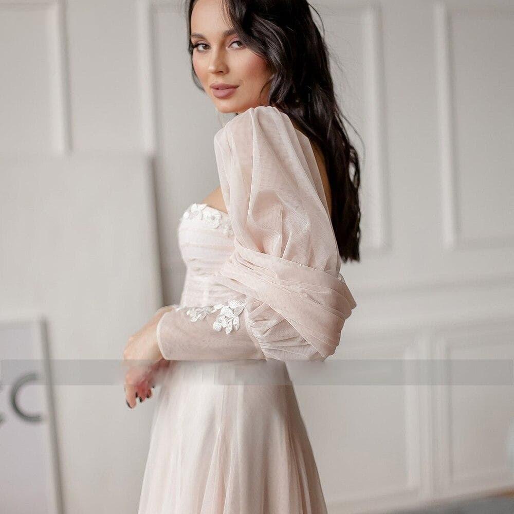 Fairy Beach Sweetheart Lantern Sleeves Princess Bridal Gowns Romantic Wedding Dresses BlissGown 