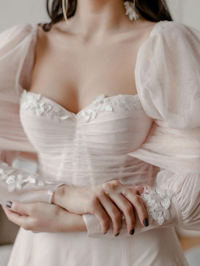 Fairy Beach Sweetheart Lantern Sleeves Princess Bridal Gowns Romantic Wedding Dresses BlissGown 