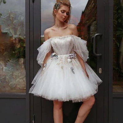 Fairy Off The Shoulder Puff Sleeve Bridal Dress Beach Wedding Dresses BlissGown 