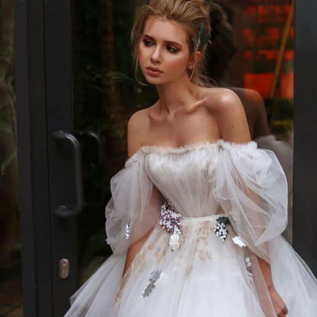 Fairy Off The Shoulder Puff Sleeve Bridal Dress Beach Wedding Dresses BlissGown 