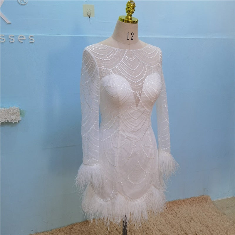 Fashion Feather Lace Long Sleeve Sequins Backless Sexy Short Wedding Dress Luxury Wedding Dresses BlissGown 