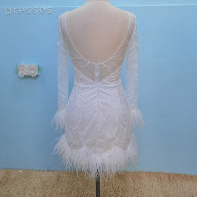 Fashion Feather Lace Long Sleeve Sequins Backless Sexy Short Wedding Dress Luxury Wedding Dresses BlissGown 