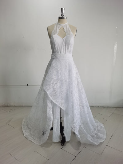 Fashion Halter Lace With Train White Jumpsuits Wedding Dress Vintage Wedding Dresses BlissGown 