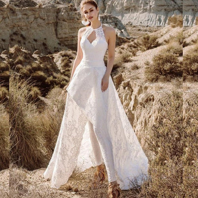 Fashion Halter Lace With Train White Jumpsuits Wedding Dress Vintage Wedding Dresses BlissGown White Floor Length 2