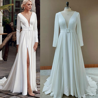 Long Sleeve Jersey Slit Modest V-Neck Wedding Dress