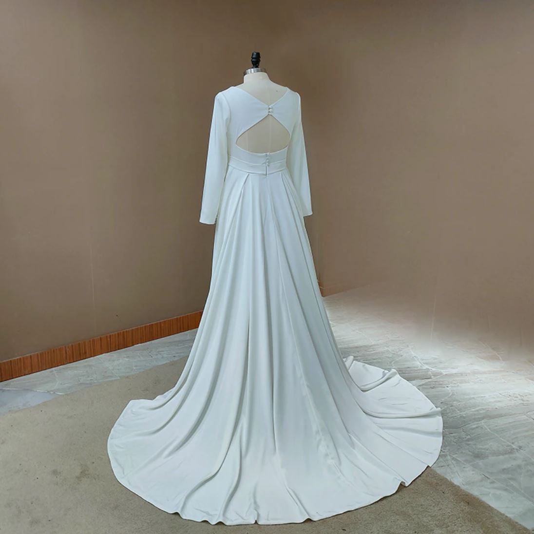 Fashion Long Sleeve Jersey Slit Modest Sheer V-Neck Wedding Dress Sexy Wedding Dresses BlissGown 