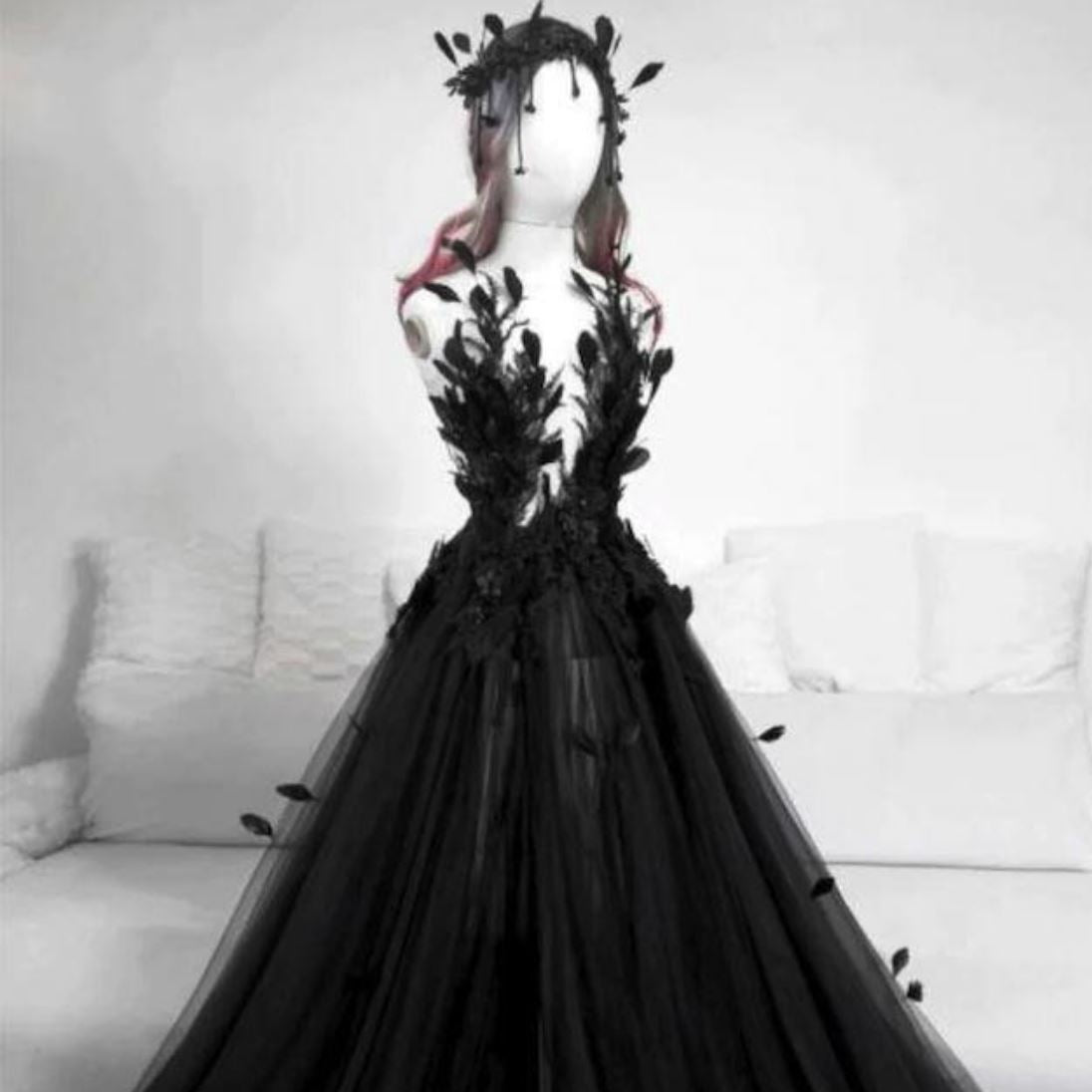 Feather Gothic Black Side Split Wedding Dresses Vintage Wedding Dresses BlissGown 