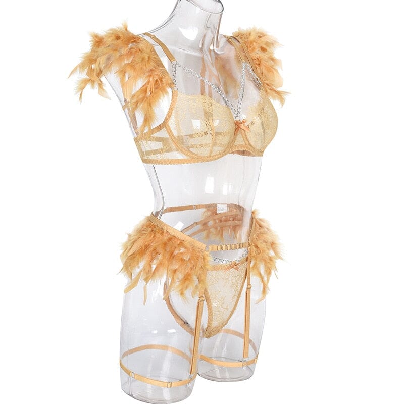 Feather Metal Chain Lace Exotic 3-Piece Set Lingerie Accessories BlissGown 